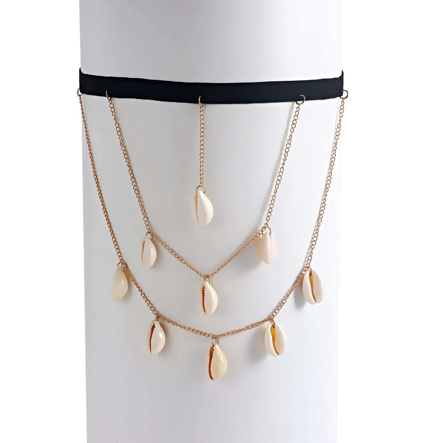 Geometric Shell Pendant Leg Chain for Women Made of Alloy with Tassel Layers and Elastic Body Chain Design