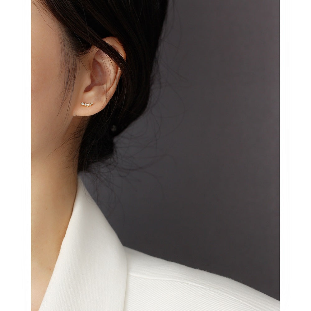 Geometric Rhinestone-Set S925 Sterling Silver Screw Back Earrings for Women, Fresh and Sweet Style