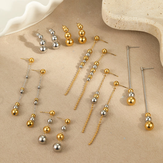 Fashionable Geometric Stainless Steel Earrings with 18K Gold Plating Round Ball Design for Women