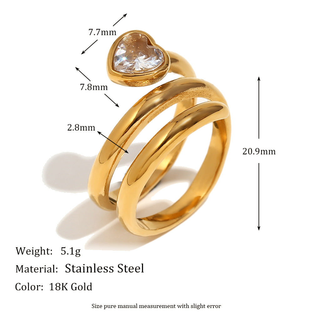 Anello da donna creativo geometrico in acciaio inossidabile placcato oro 18 carati a doppio strato con testa di serpente corta e cuore con strass bianchi