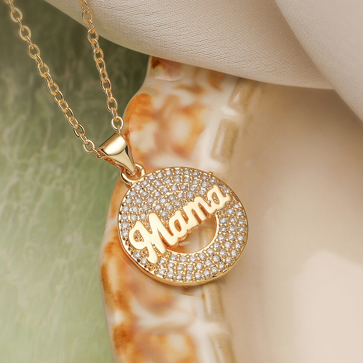 Minimalist Elegant 18K Gold Plated Brass Round Letter MAMA Cubic Zirconia Pendant Necklace for Women