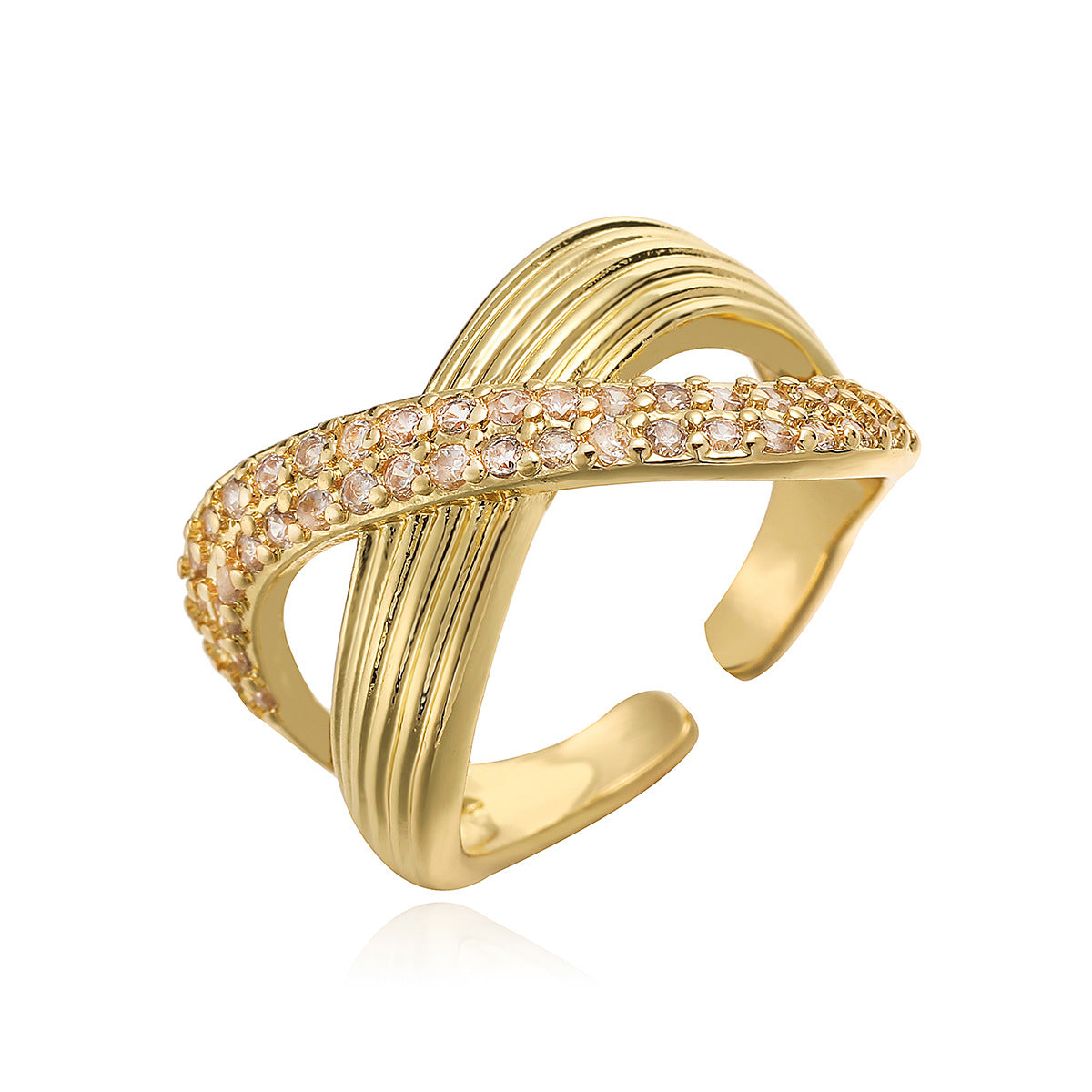 Anello Aperto Geometrico da Donna con Base in Rame Placcata Oro 18K e Zirconi Micro-Incastonati