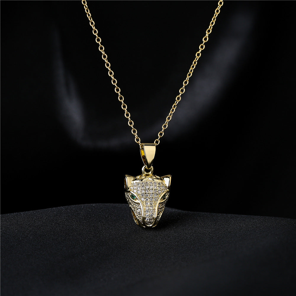 18K Gold Plated Brass Micro-Inlay Cubic Zirconia Leopard Pendant Necklace with Cable Chain