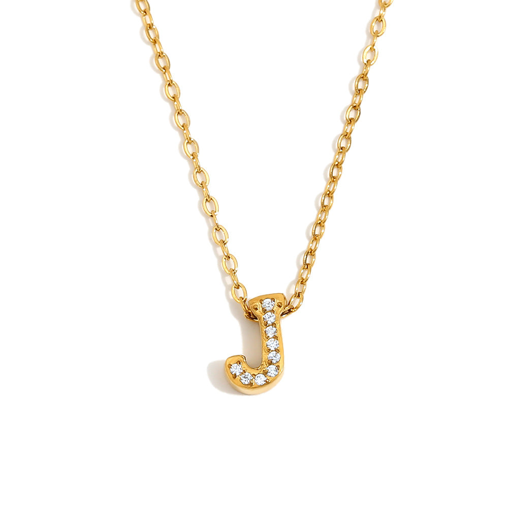 Minimalist Fashion Letter Pendant Necklace for Women Stainless Steel with 18K Gold Plating and Rhinestone Inlay