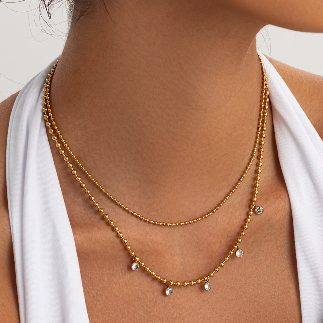 PVD 18K Gold Plated Stainless Steel Round Bead Cubic Zirconia Necklace for Women