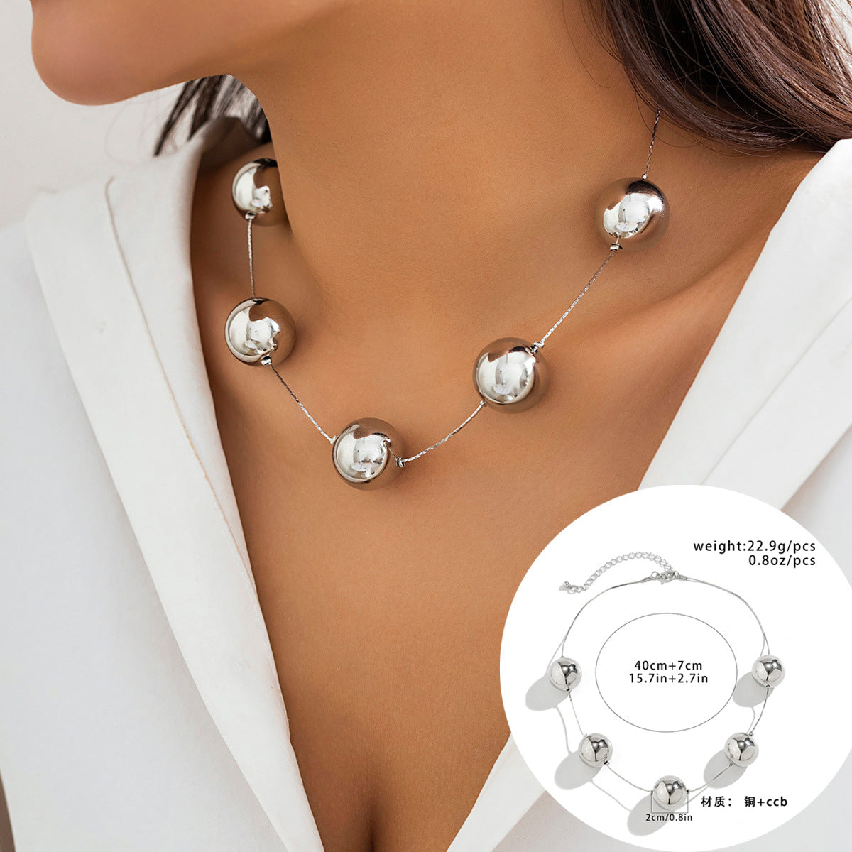 Cyberpunk Style Heart-Shaped Geometric Pendant Necklace with Imitation Pearl Beads Electroplated Multi-Layer Round Bead Chain for Women