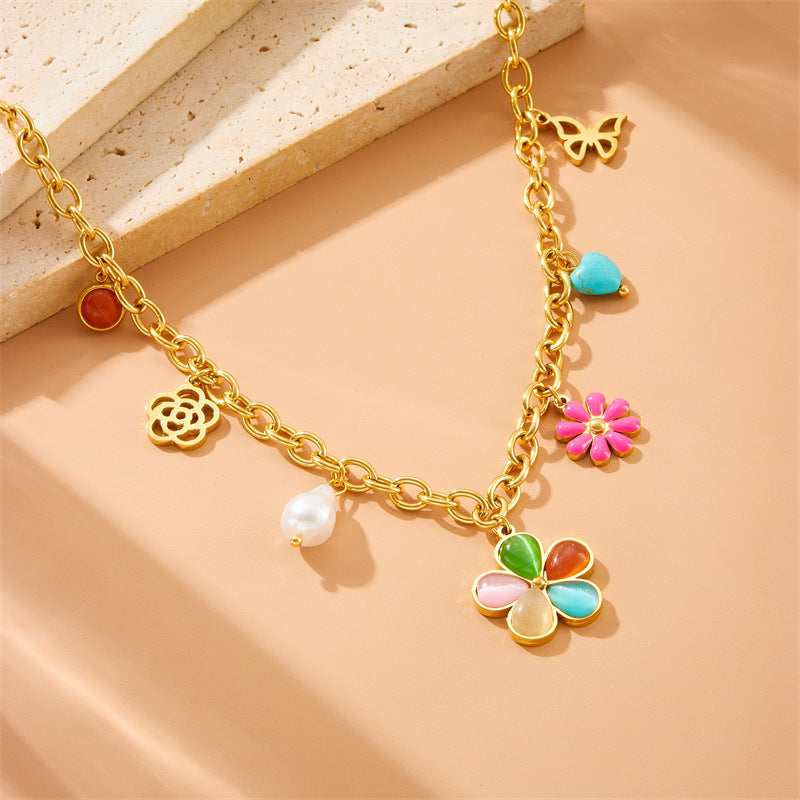 Fashion Colorful Resin Floral Butterfly Heart Hollow Pearl Stainless Steel Necklace Cable Chain
