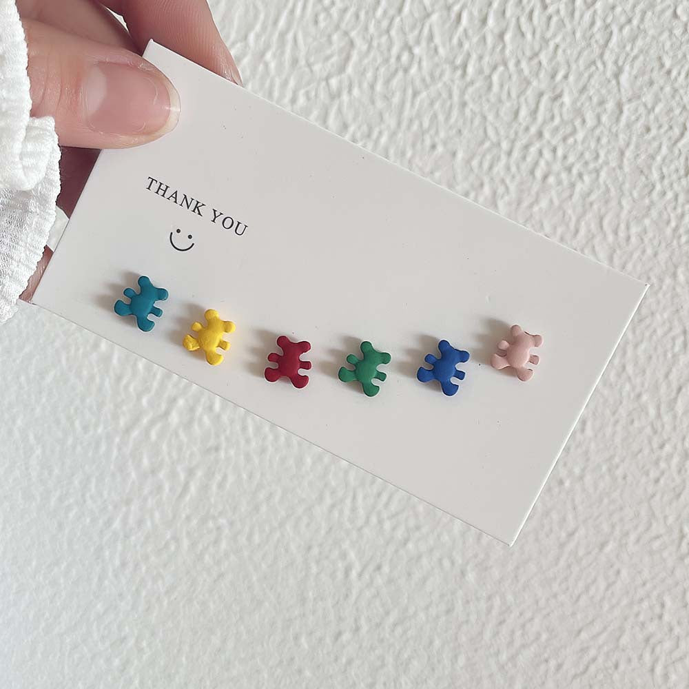 Sweet Color Block Drip Oil Sterling Silver Bear Heart Geometric Stud Earrings for Women