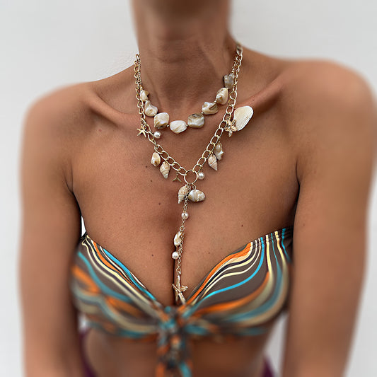 Collar con colgante de concha marina minimalista en forma de estrella con aleación y perlas de imitación sobre cadena electrochapada de hierro y aluminio