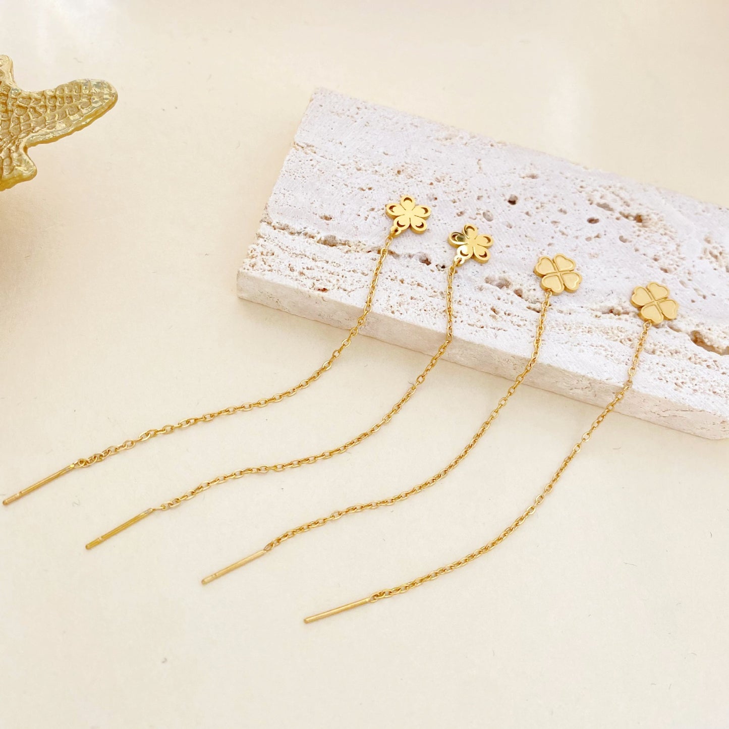 Minimalist Elegant Titanium Steel Floral Four-Leaf Clover Tassel Drop Earrings for Women