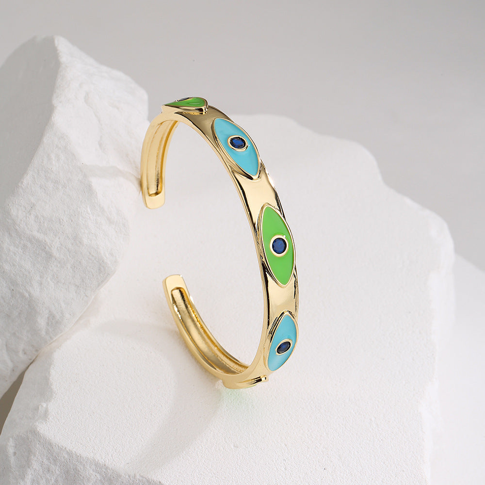 Bohemian Style Enamel Zircon Eye Bracelet for Women Copper Gold-Plated Open Bangle with Geometric Pattern