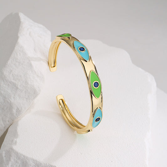 Pulsera Bohemia de Ojo de Zirconia Esmaltado para Mujer, Brazalete Abierto de Cobre Chapado en Oro con Patrón Geométrico