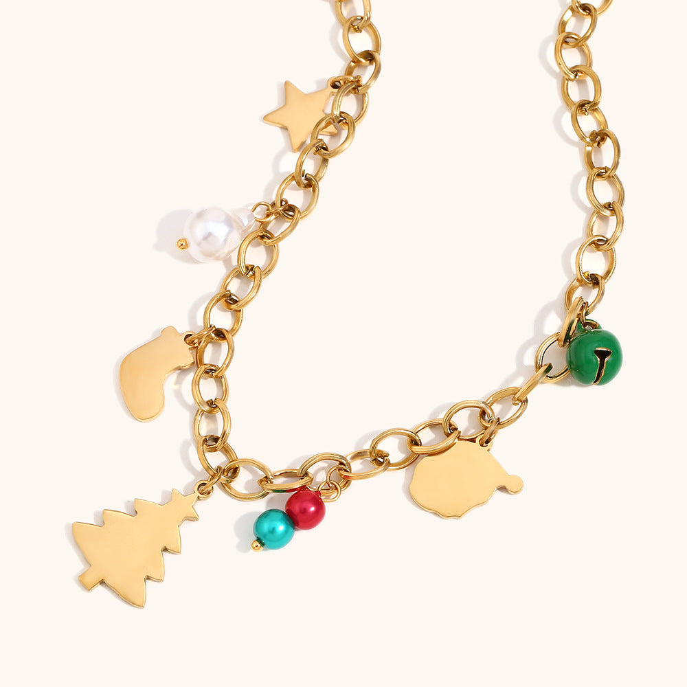 Collar con colgante de campana navideña de moda para mujer, acero inoxidable con baño de oro de 18 quilates, diseño de Papá Noel y árbol de Navidad de dibujos animados