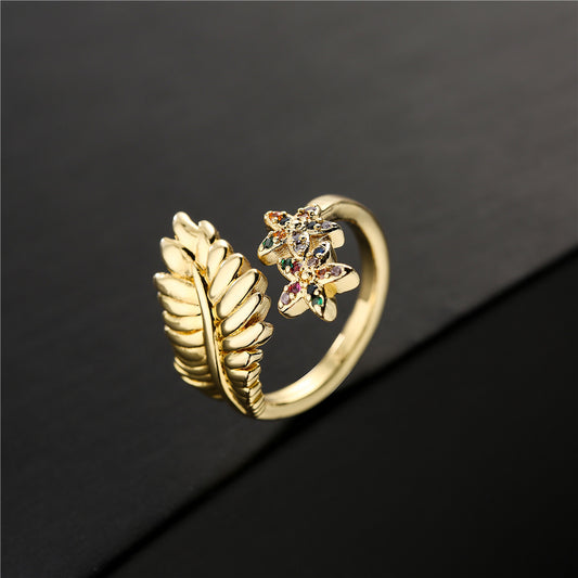 Bohemian Vintage Geometric Leaf Star Gold Plated Brass Ring for Women