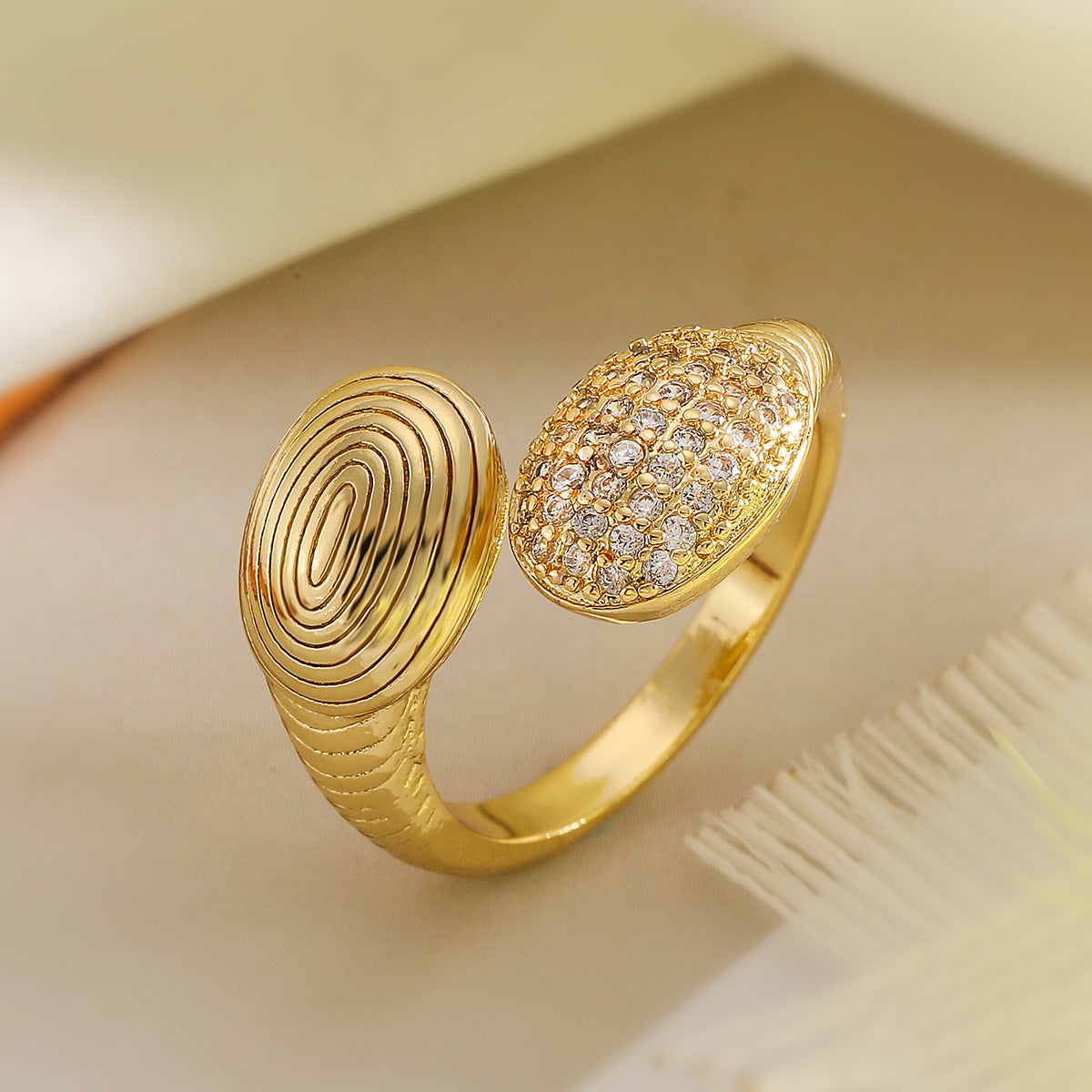 Minimalist Irregular Geometric Open Ring for Women Made of Brass with Real Gold Plating and Zircon Inlay