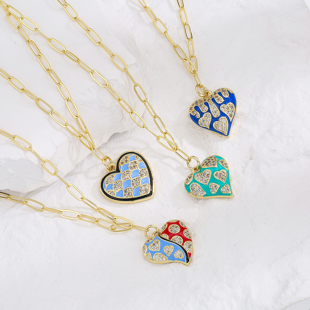 Retro Heart Pendant Necklace for Women with Copper Base Plated in 18K Gold and Enamel Finish, Set with Cubic Zirconia