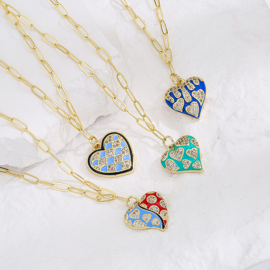 Collana pendente a cuore retrò da donna con base in rame placcata in oro 18 carati e finitura smaltata, incastonata con zirconi cubici