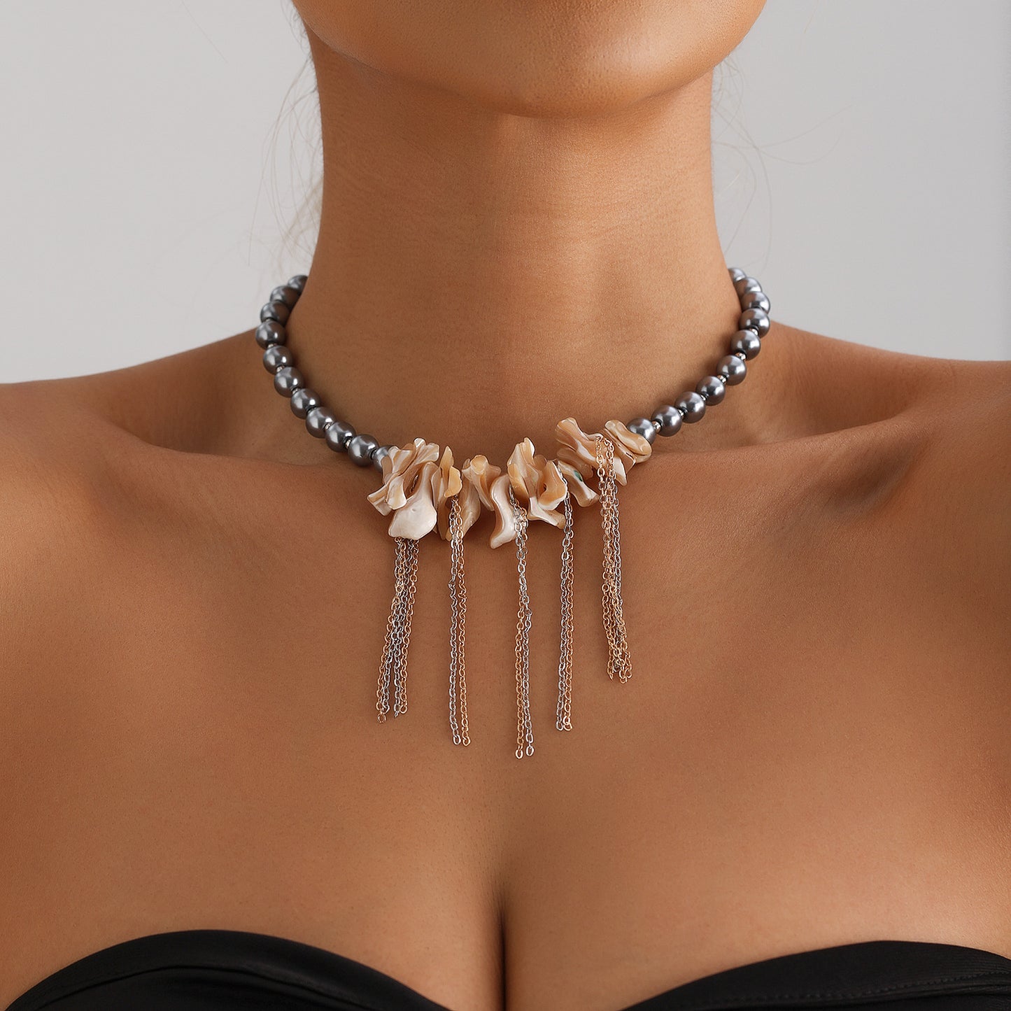 Irregular Seashell Pendant Layered Clavicle Necklace with Tassels for Women, Alloy Electroplated Glass Jewelry