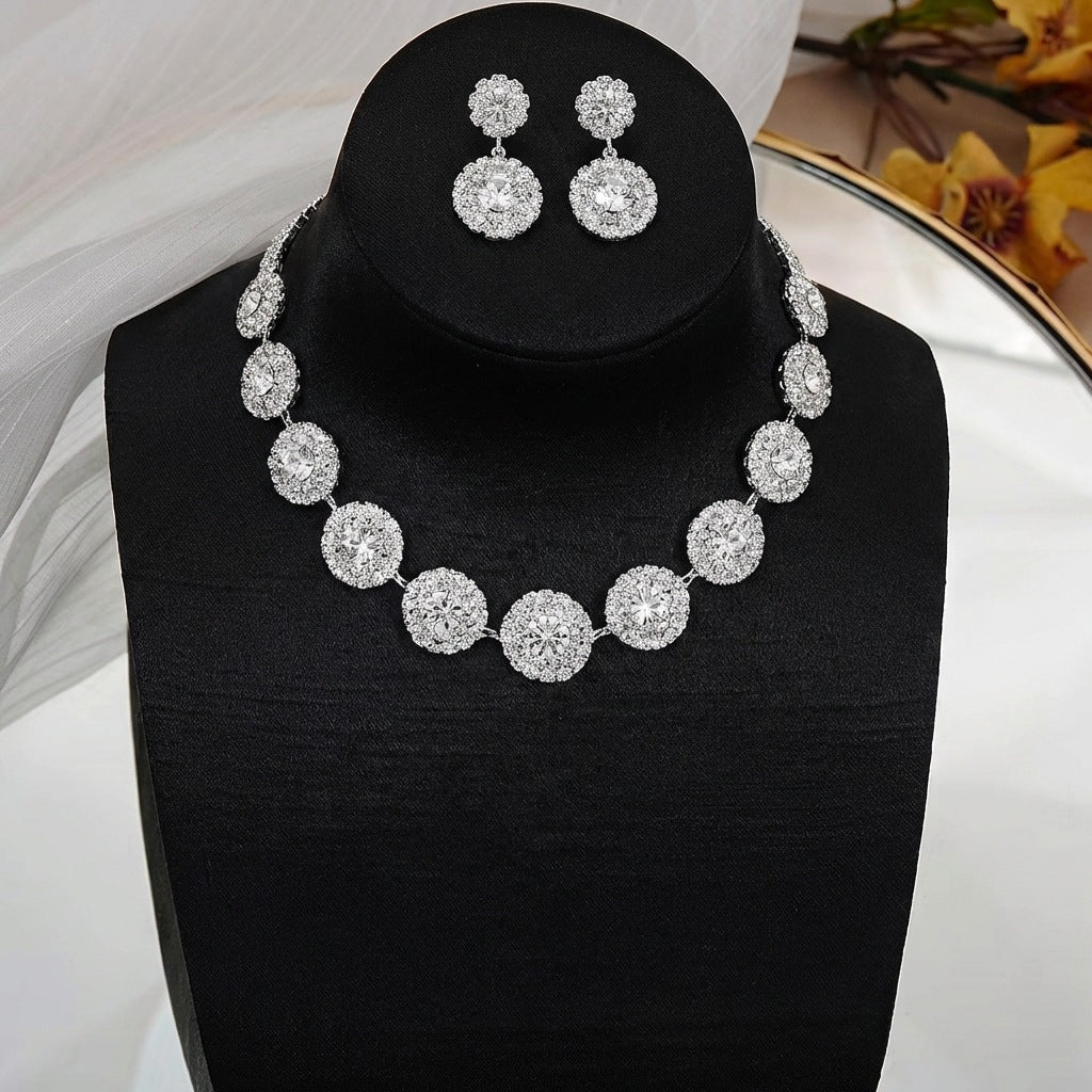 Vintage Elegant Full Rhinestone Inlaid Heart Teardrop Brass Necklace and Earring Set for Women