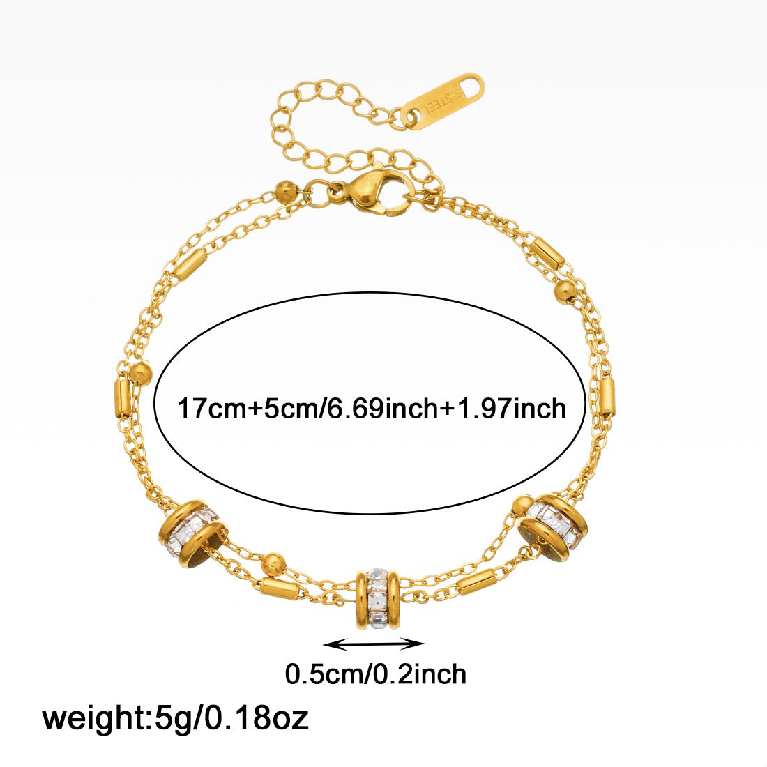 Elegant Gold Plated Stainless Steel Round Geometric Rhinestone Layered Bracelet for Women