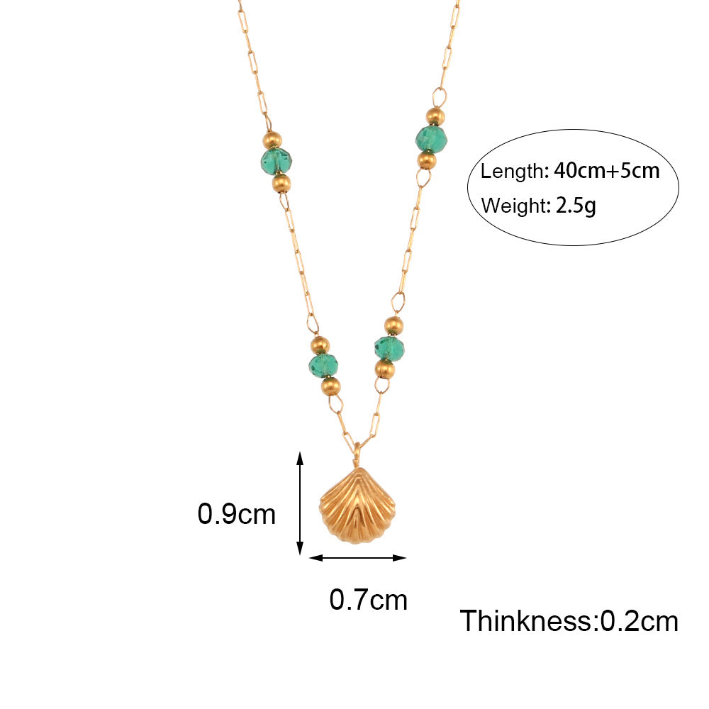 Minimalist Fashion Acrylic and Titanium Steel Geometric Clavicle Necklace with Green Bead and Shell Pendant
