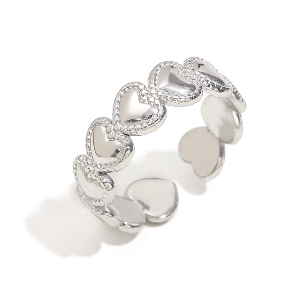 Fashionable Heart-Shaped Stainless Steel Ring with 18K Gold Plating, Hollow Star and Beaded Edge Design, Multi-Layer Zircon Accent, Office-Appropriate Minimalist Jewelry for Women