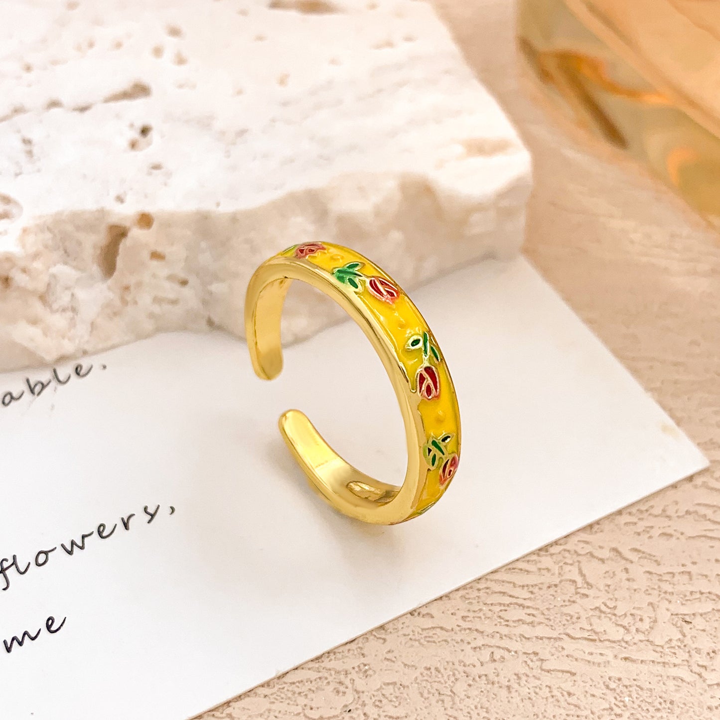 Minimalist Elegant Floral Enamel Plated Alloy Adjustable Ring for Women