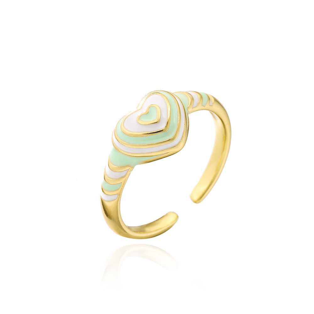 Anello a cuore aperto geometrico vintage da donna in rame placcato oro 18 carati e finitura smaltata