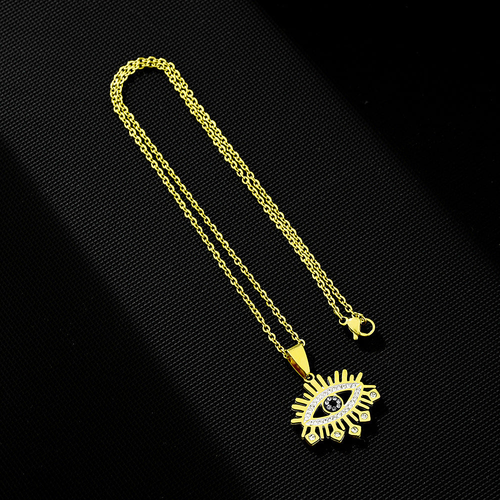 Elegante collar geométrico de ojo turco de acero inoxidable para mujer con colgante de acero de titanio y acabado electrochapado en cadena O