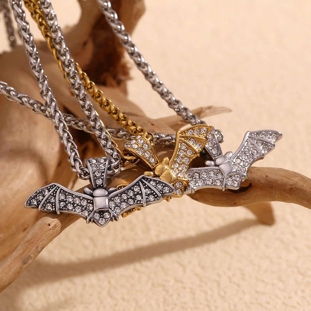 Fashionable Bat-Shaped Pendant Necklace for Women Stainless Steel with 18K Gold Plating and Full Rhinestone Inlay on Standard Chain