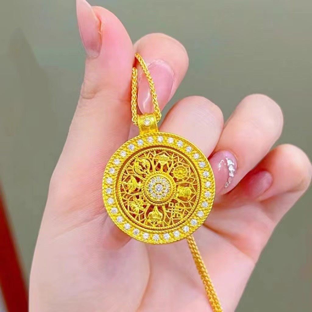 Vintage Chinese Style Hollow Eight Treasures Compass Pendant Necklace for Women Titanium Steel with Gold Plated Copper Charm and Choker Chain