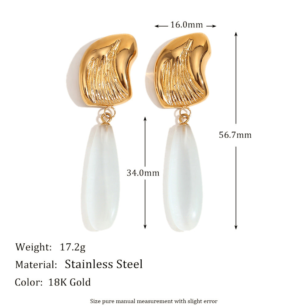 Vintage-Style Teardrop-Shaped Stainless Steel Earrings with 18K Gold Plating and Natural Stone Accents for Women