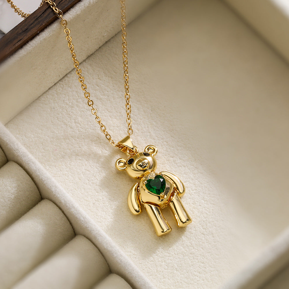 Cute Minimalist Bear-Shaped Copper Pendant Necklace with Real Gold Plating and Zircon Accents for Women