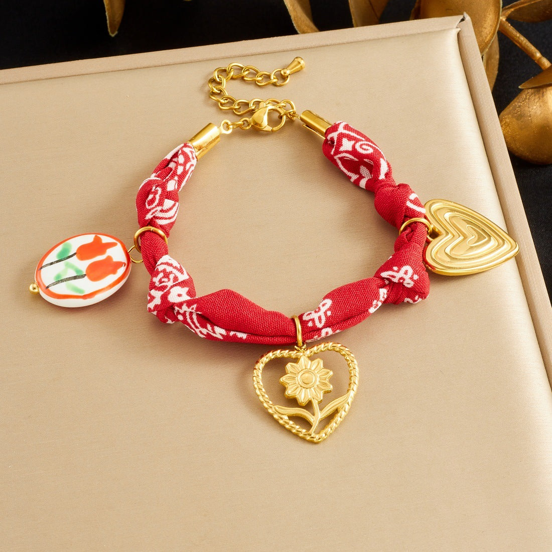 Bohemian Vintage Heart Floral Ceramic Plated Stainless Steel Pendant Necklace Set for Women