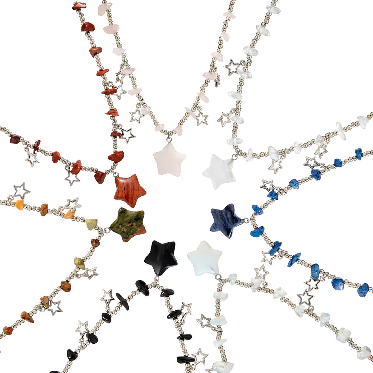 Collar rústico con colgante en forma de estrella para mujer con cadena de aleación de zinc y cuentas de vidrio, acabado galvanizado