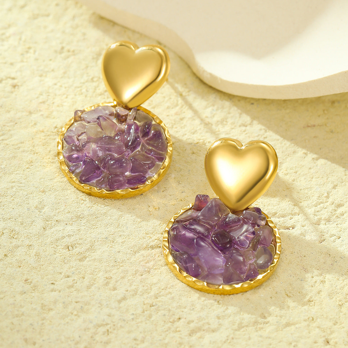 Pendientes Colgantes de Acero Inoxidable con Forma de Corazón Estilo Vintage, Incrustaciones de Piedras Naturales y Baño de Oro