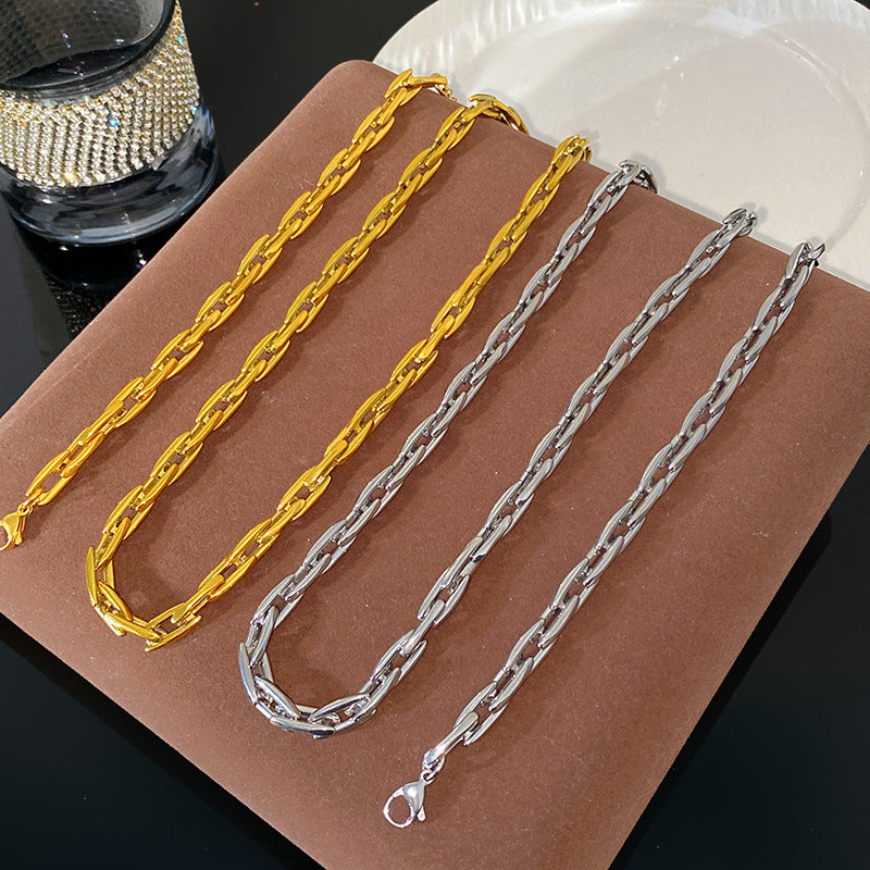 18K Gold Plated Titanium Steel Geometric Chain Necklace and Bracelet Set for Unisex