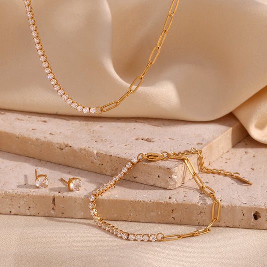 Collana da donna alla moda in acciaio inossidabile placcato oro 18 carati con zirconi e design a perno a incastro