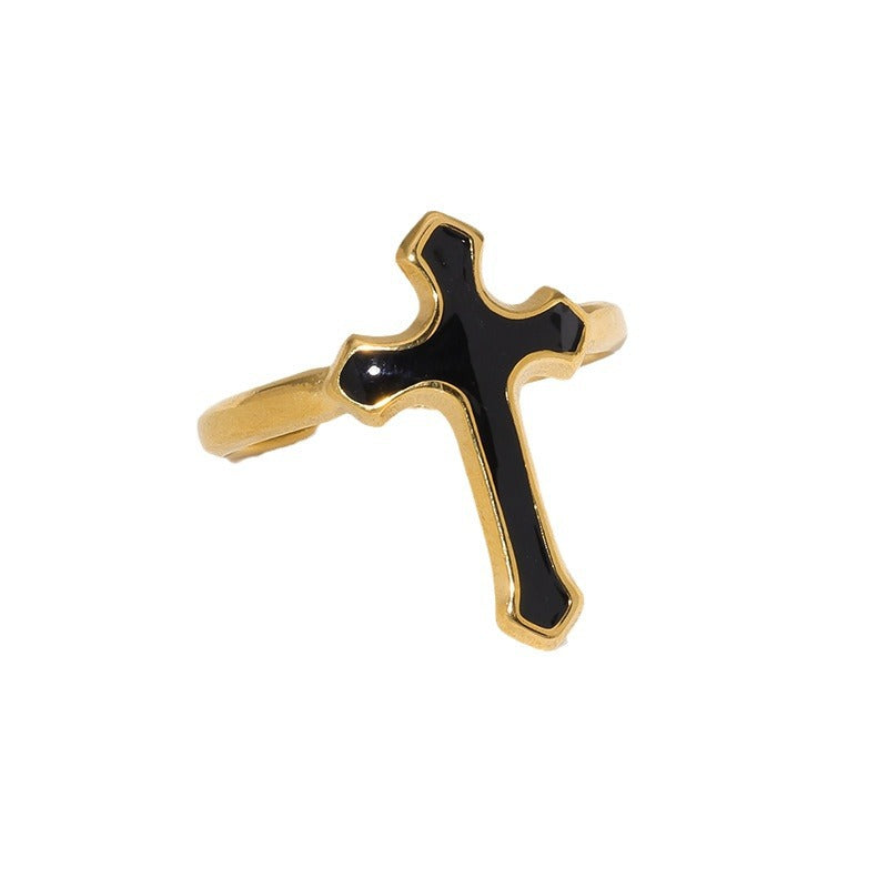 Vintage Cross Shape Enamel Titanium Steel Adjustable Ring for Men and Women