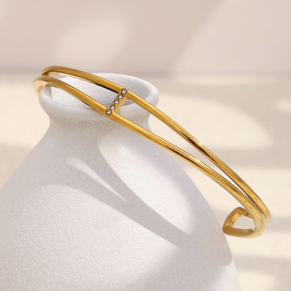 Minimalist Fashionable Stainless Steel Plated 18K Gold Double-Layer Delicate Bracelet with Rhinestone Accents