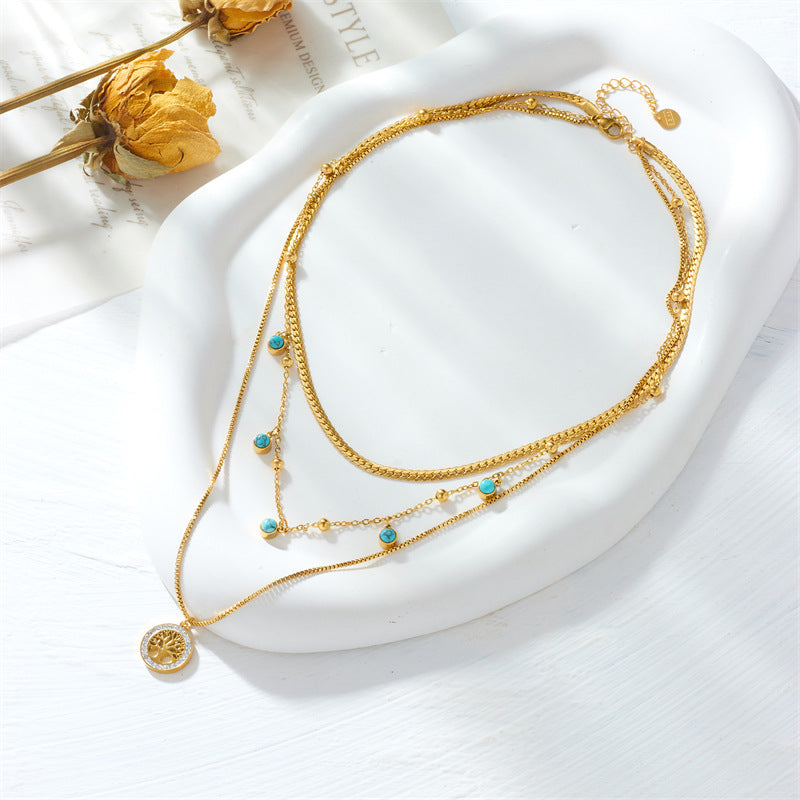 Minimalist Fashion Tree of Life Pendant Necklace in Titanium Steel with Turquoise Inlay on Multi-Layer Clavicle Chain