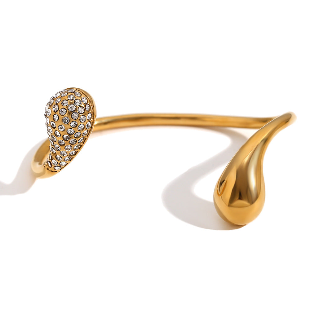 Fashionable Minimalist Stainless Steel Plated 18K Gold Water-Drop Shaped Bracelet with Rhinestones for Women