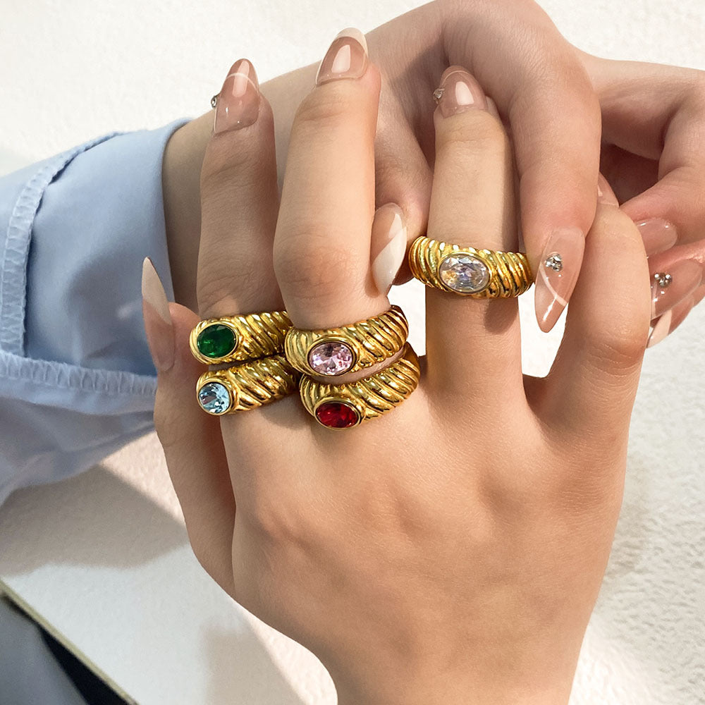 Vintage-Style Geometric Stainless Steel Ring with 18K Gold Plating and Multicolor Zircon Inlay for Women