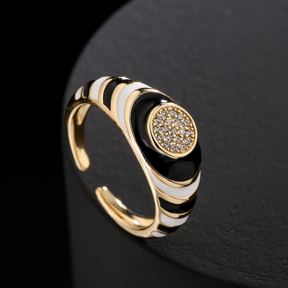 Vintage-Inspired Geometric Open Ring for Women Made of Copper with 18K Gold Plating and Cubic Zirconia Inlay