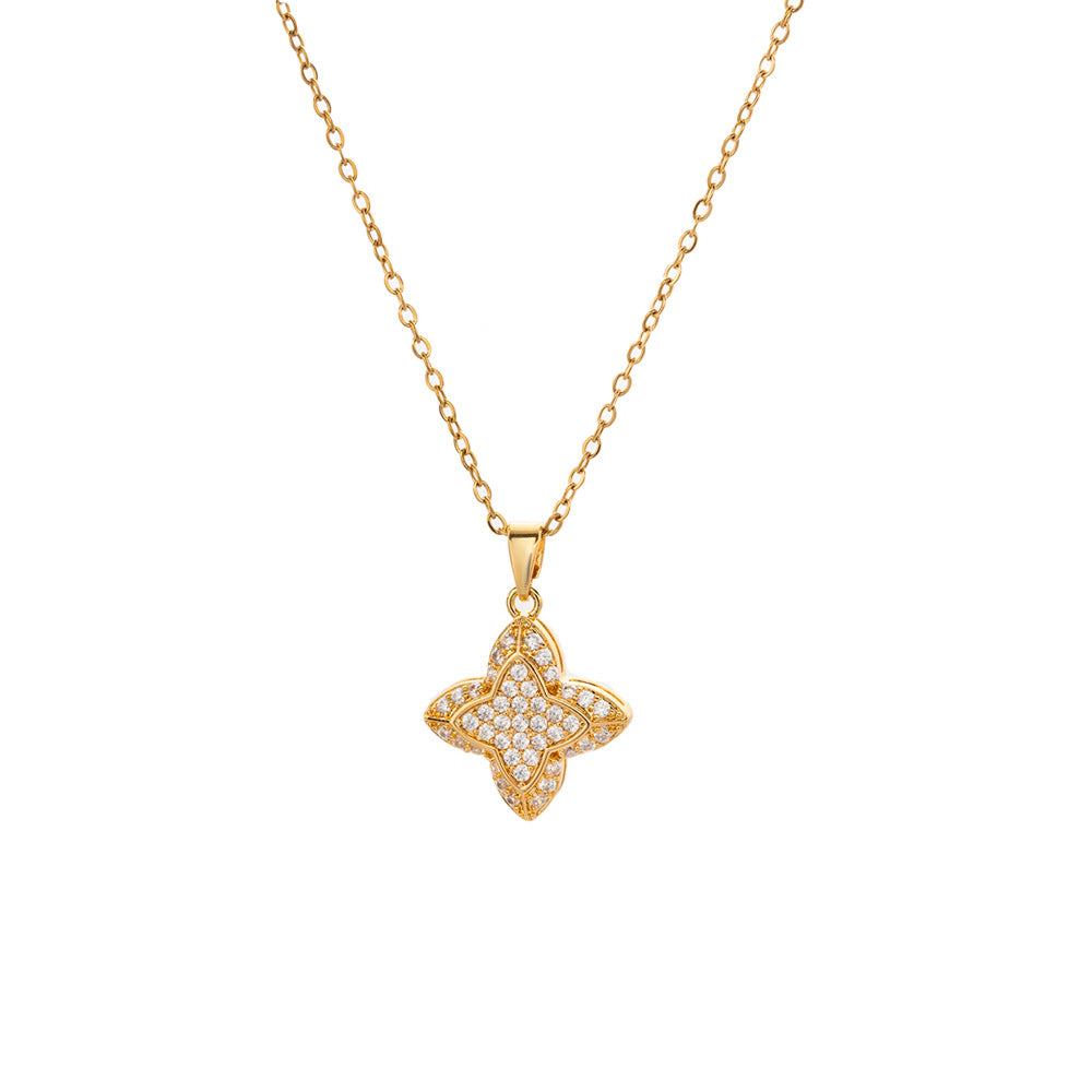 Collar con Colgante de Lujo Minimalista de Trébol de Cuatro Hojas para Mujer, de Acero de Titanio con Baño de Oro e Incrustaciones de Diamantes de Imitación