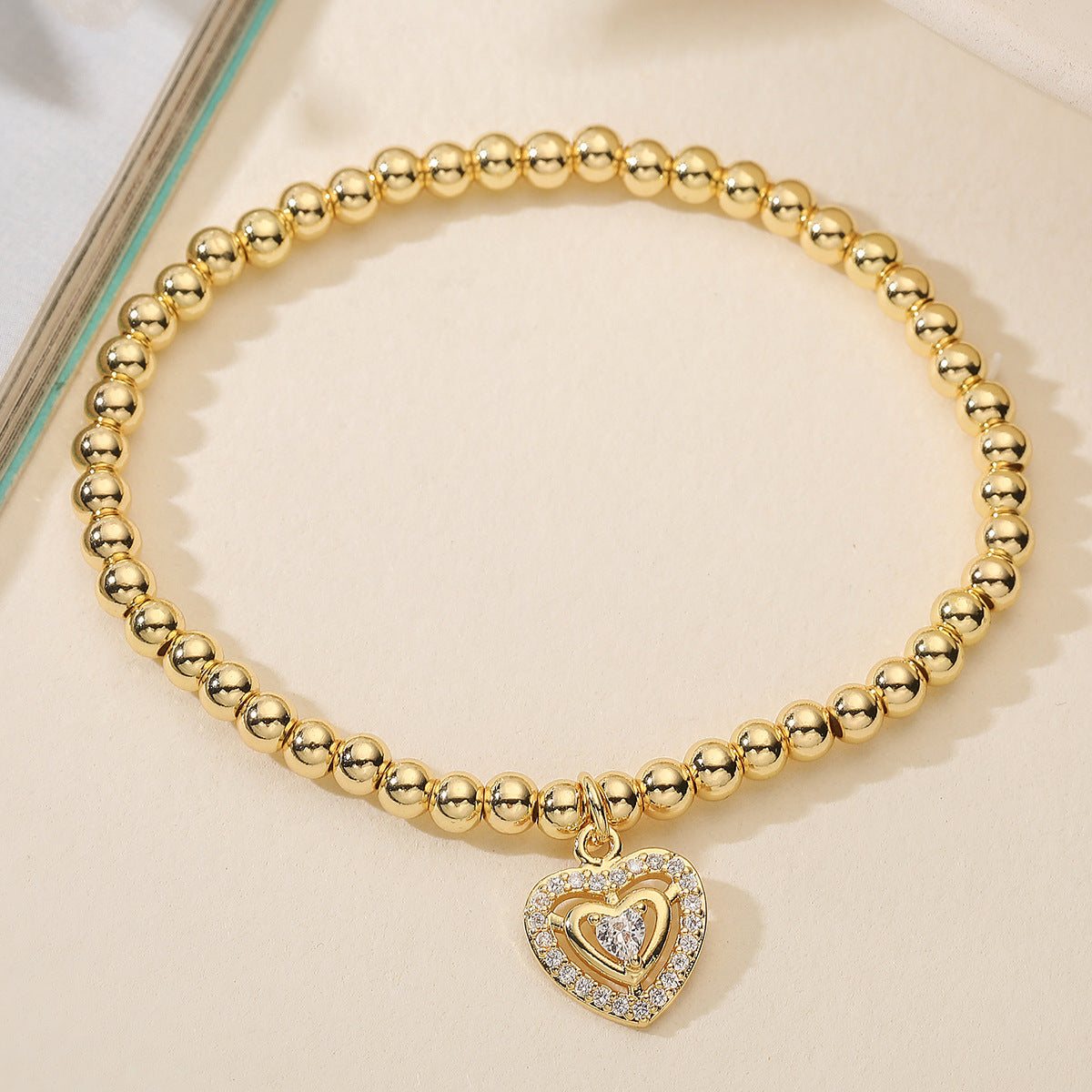 18K Gold Plated Brass Heart Geometric Cubic Zirconia Inlay Ball Chain Bracelet for Women