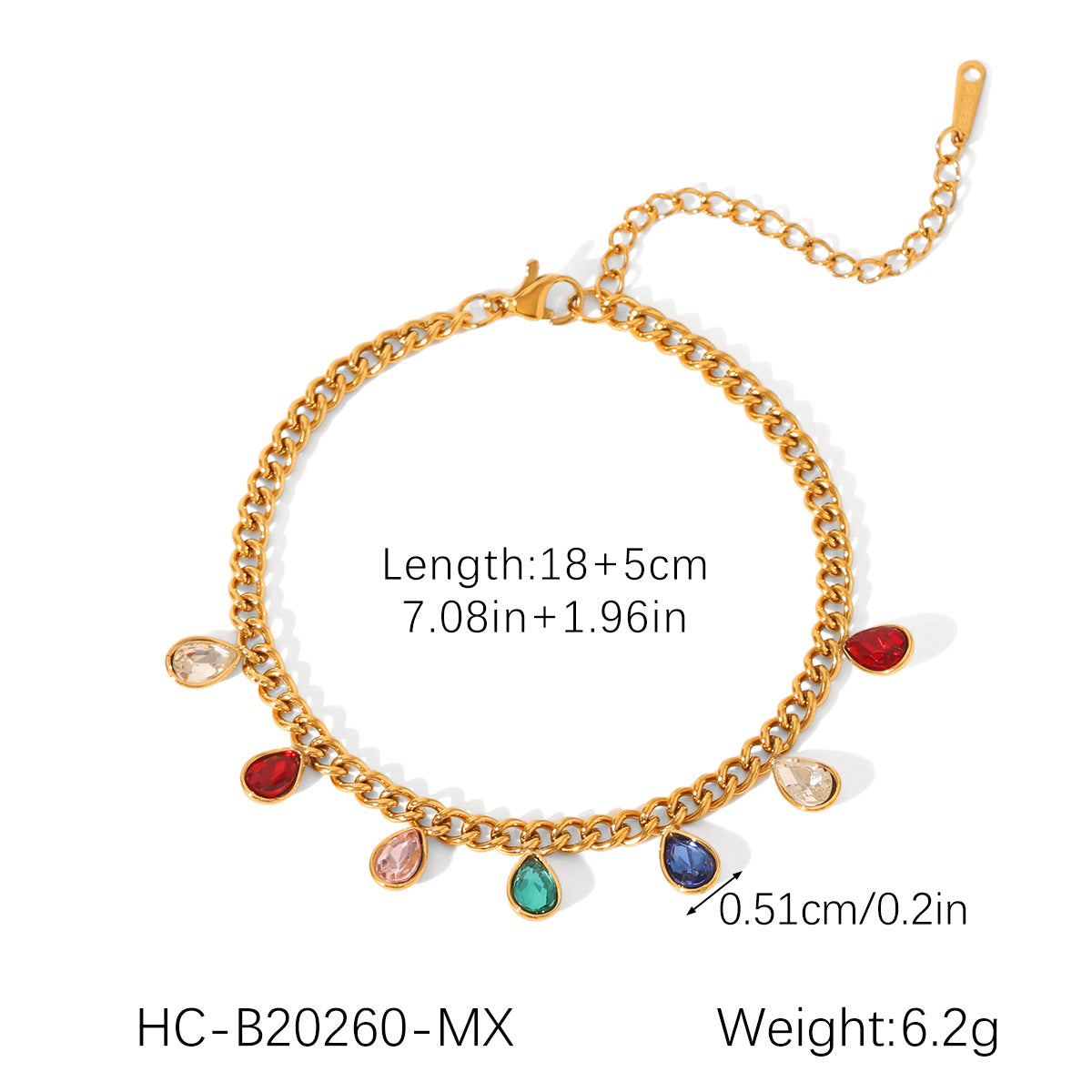 Bracciale da donna a maglie cubane in acciaio inossidabile a forma di goccia minimalista con intarsio in strass e dettaglio nappina