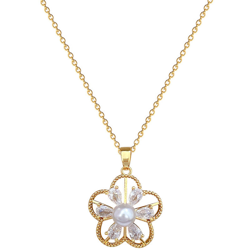 Elegante Set Collana e Orecchini da Donna a Cinque Fiori in Acciaio al Titanio con Intarsio di Strass e Design Vuoto