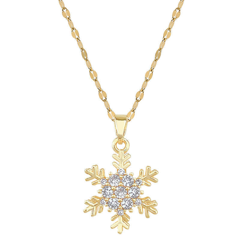 Sweet Minimalist Geometric Snowflake Rhinestone Pendant Necklace Titanium Steel Cable Chain for Unisex