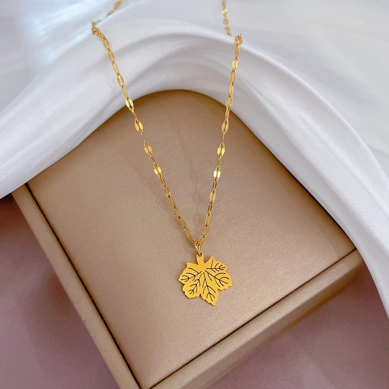 Minimalist Elegant Gold Plated Titanium Steel Maple Leaf Geometric Necklace for Women and Men